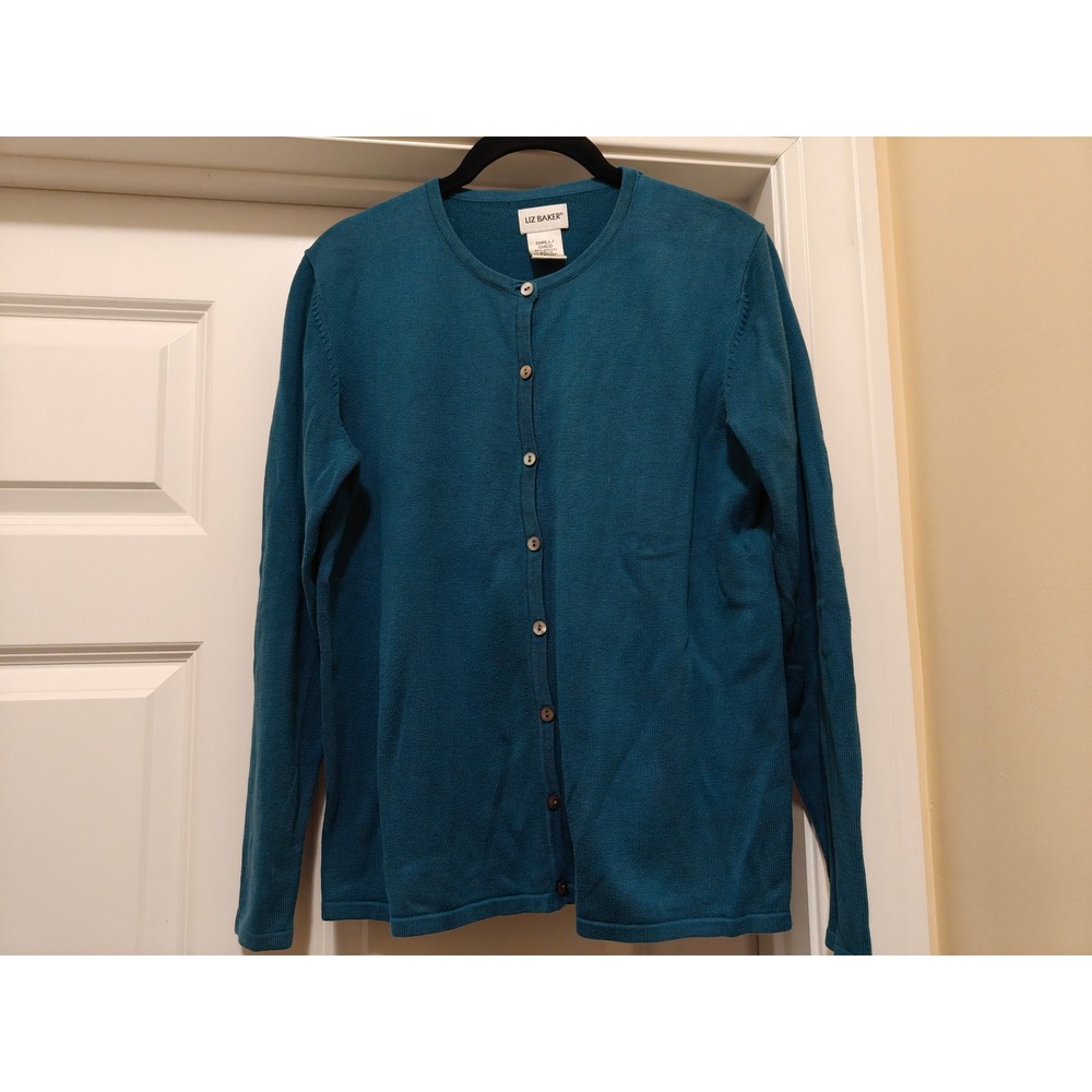 Liz Baker Womens Teal Cotton Blend Button Front Crew Neck Cardigan Sweater S